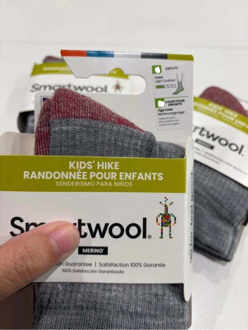 SmartWool Kids Large Light Cushion Hiking Socks 3-Pack Crew Grey Red NWT